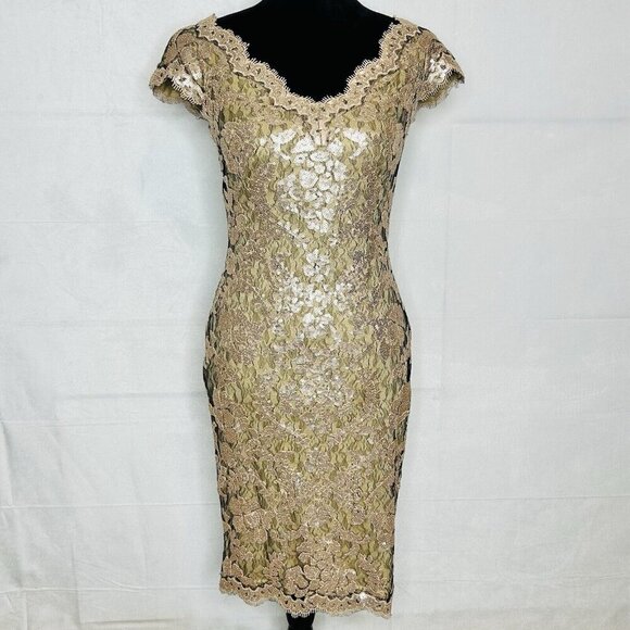 Tadashi Shoji Champagne Lace Cap-Sleeve Sequin Evening Cocktail Wedding Dress - Picture 1 of 14